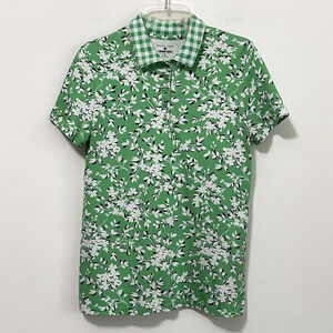 Draper James Lands End Womens Polo Shirt S Green Floral Summer Sateen‎ Stretch